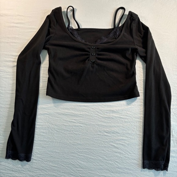 Dazy Tops - Dazy Black Lace Trim Layered Cami Long Sleeve Crop Top XL whimsy goth